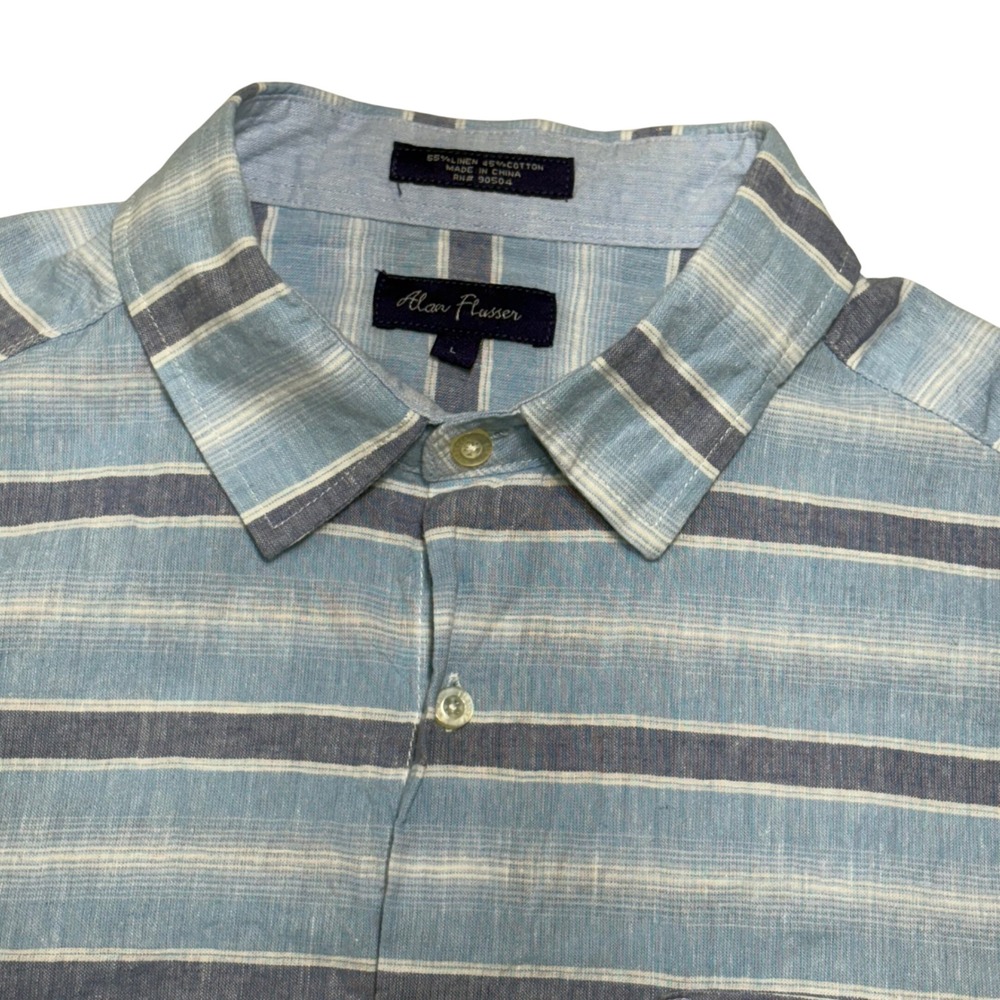 Alan Flusser Button Down Shirt Mens L Blue Striped Linen Blend Coastal‎ Summer